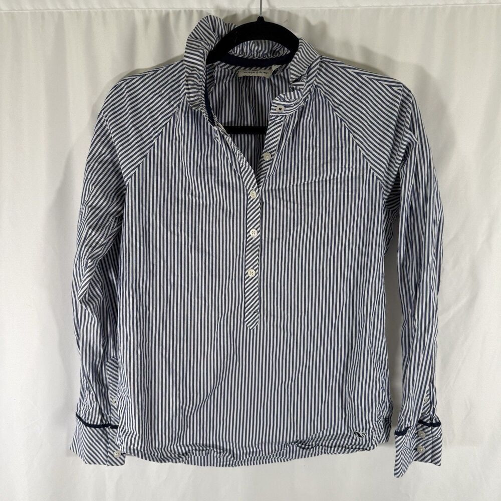 Vineyard Vines Blouse Women's 0 White Blue Striped Long Sleeve 1/2 Button